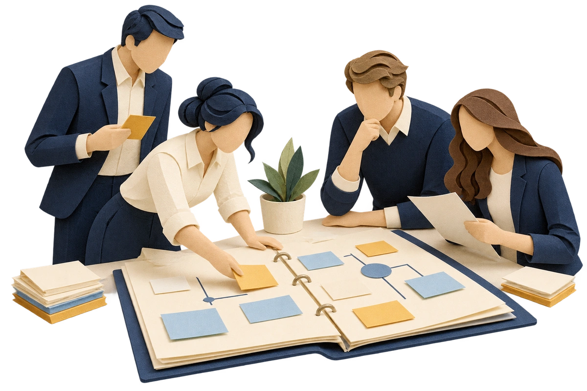 Ilustración de profesionales coordinándose alrededor de una carpeta de proyecto.